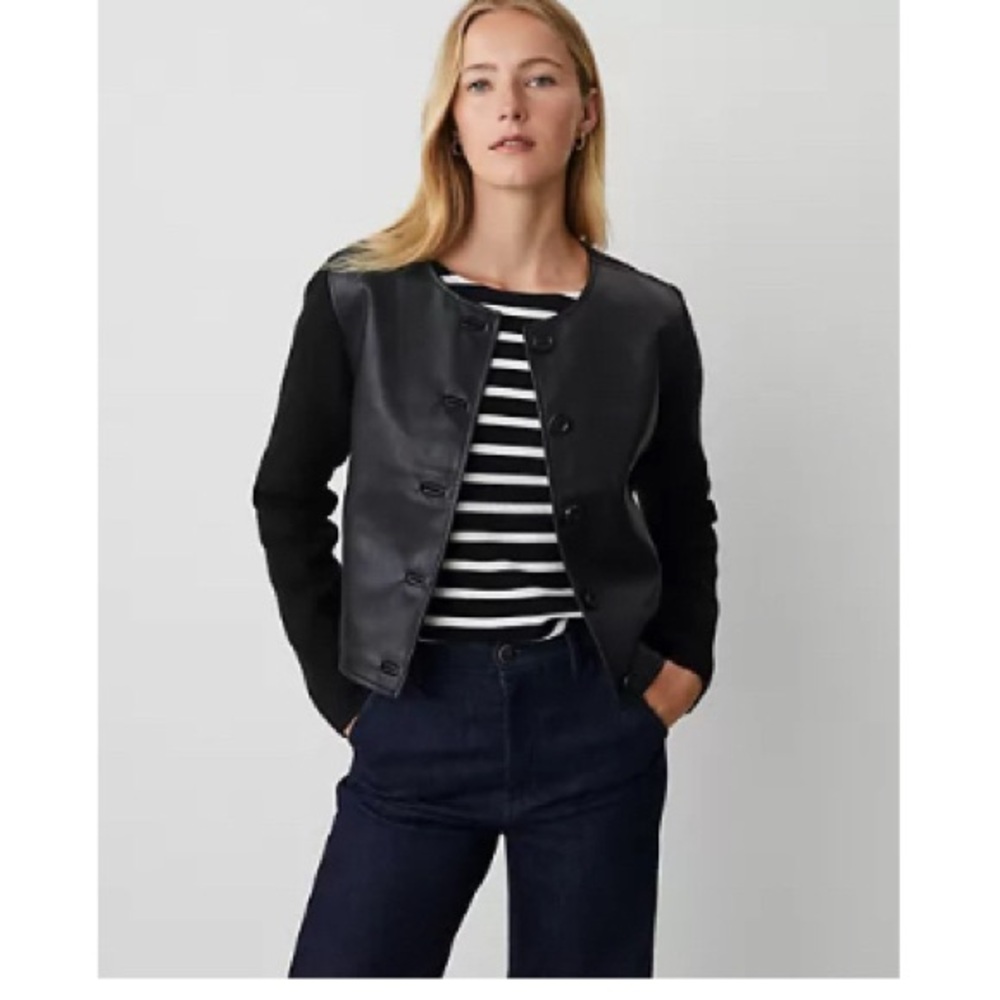 Ann Taylor Black Women's Faux Leather and Sweater Blazer